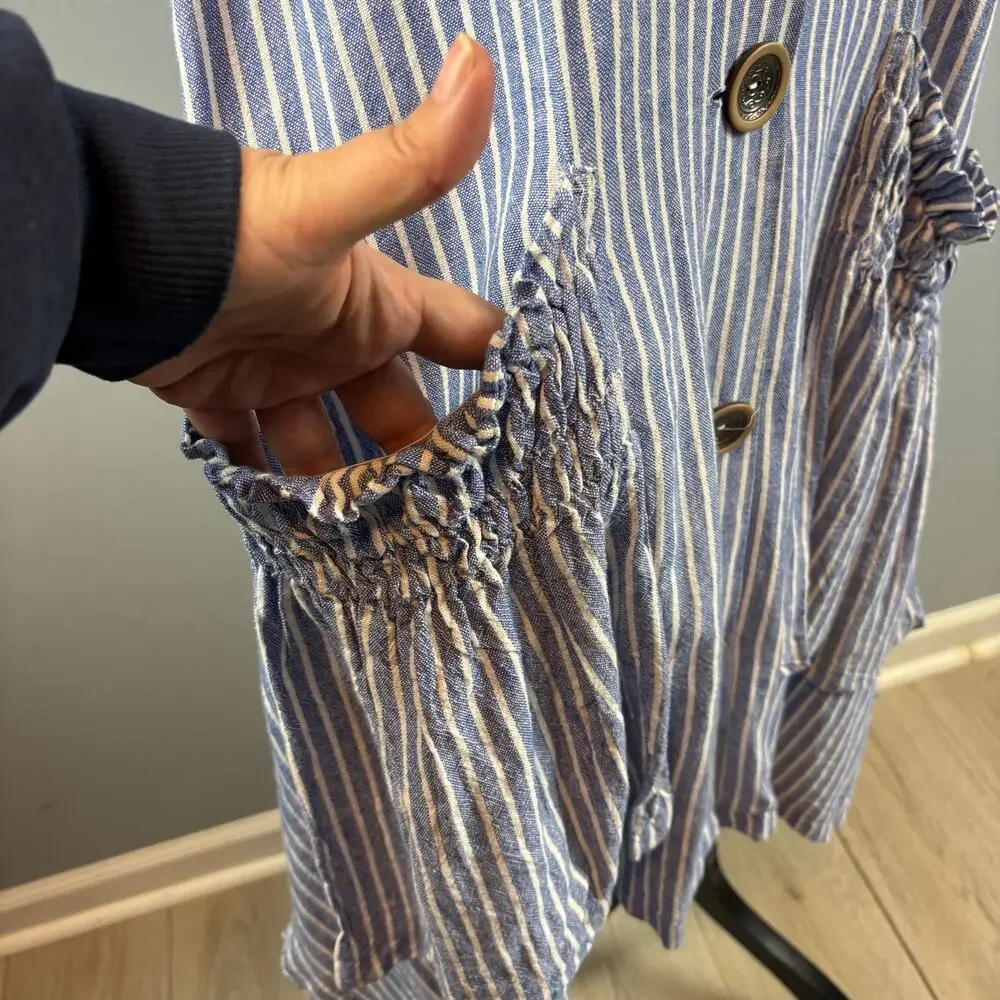 ForCynthia Striped Sleeveless Shirt Button Up Dress Linen Blend Ruched Pocket LG - Picture 7 of 10